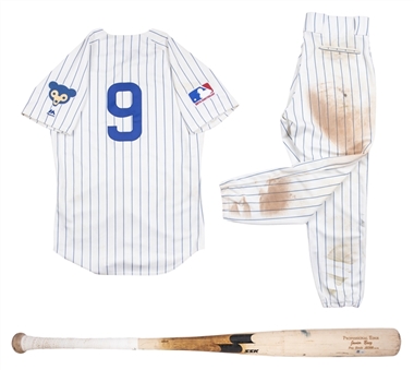Lot of (2) 2019 Javier Baez Game Used Chicago Cubs 1969 Turn Back the Clock Home Uniform: Jersey & Pants With Game Used Bat (MLB Authenticated)